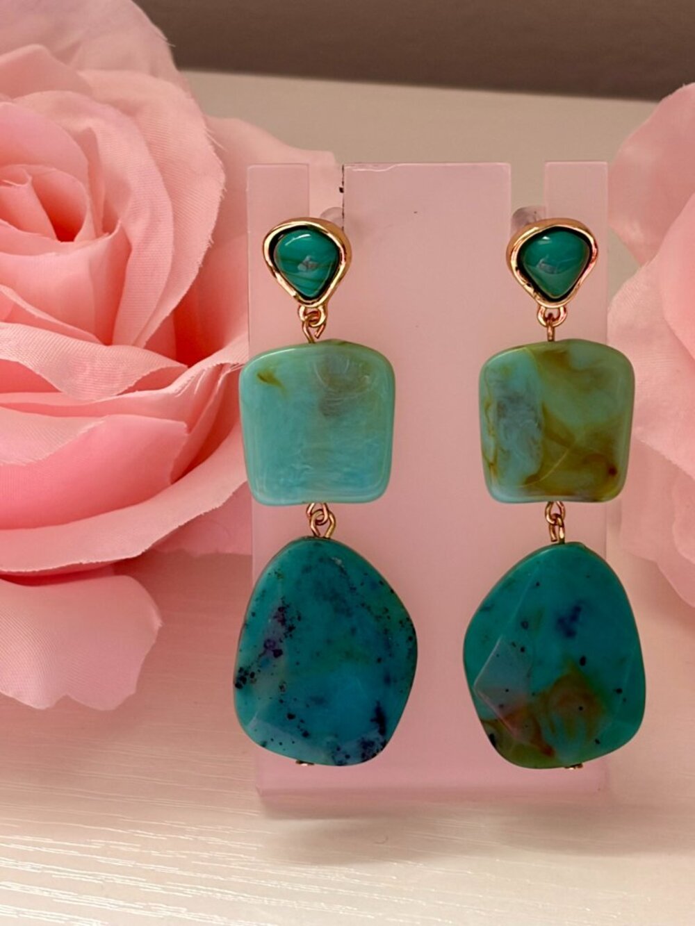 Aqua Marble Statement Drop Earrings Gold Tone Turquoise Ocean Stone Dangles